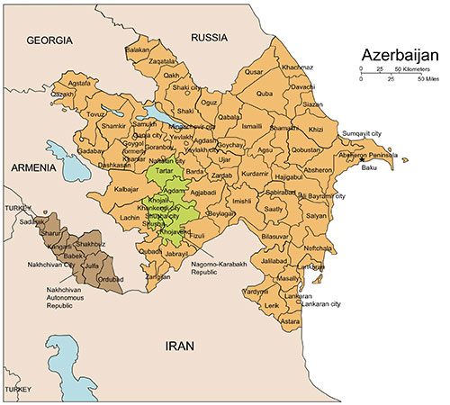 Azerbaijan PowerPoint Map, Administrative Districts, Capitals, Names. Edit with PowerPoint or Adobe Illustrator, plus JPG format