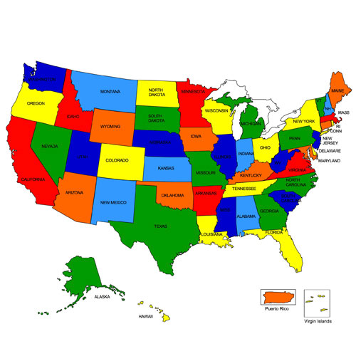 USA Clip Art Map with 50 editable states and state names. Printable, royalty-free, jpg format. Right-click to Download.