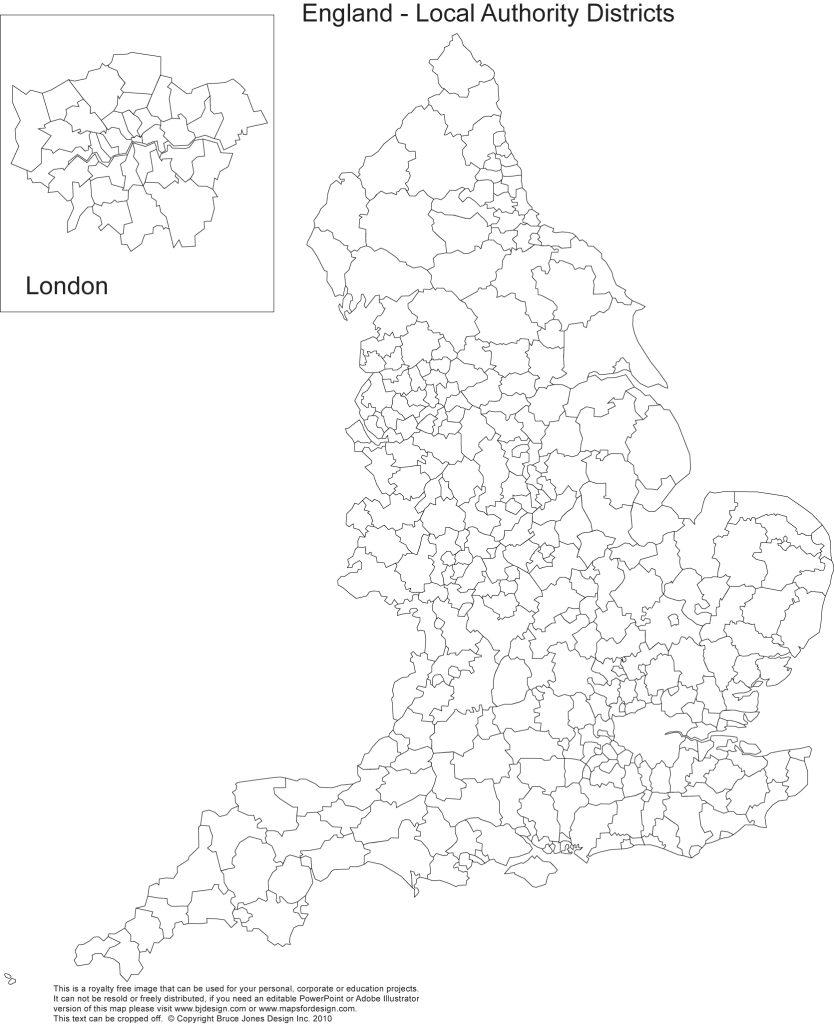 Royalty Free Printable, Blank, map of England, UK, Great Britain, administrative district borders, jpg format.This map can be printed out to make an 8.5 x 11 printable map. Capital is London