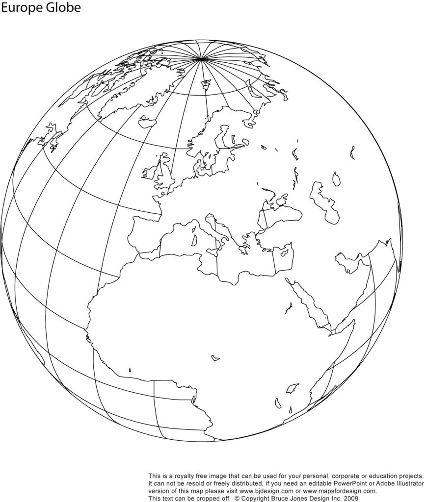 Printable Europe, Africa, Middle East, Globe Blank Map, jpg format. This map can be printed out to make an 8.5 x 11 map. Shows Europe, Middle East, top of Africa and the North Pole.