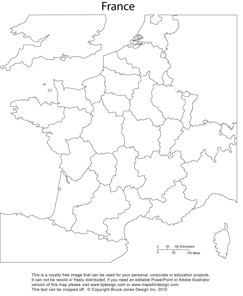 Royalty Free, Printable, France Map with Provinces, jpg format. Capital is Paris. Surrounding countries include Germany, Spain, Switzerland, Belgium and the United Kingdom, Great Britain. This map can be printed out to make an 8.5 x 11 printable map.