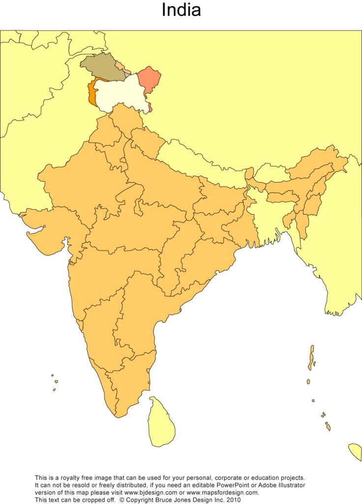 Royalty Free, Printable, Blank, Color, India Map, with administrative districts. jpg format. This map can be printed out to make an 8.5 x 11 printable map. 