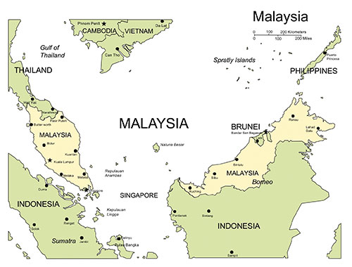 Malaysia, Country Map, Capitals, Names. Edit with PowerPoint or Adobe Illustrator, plus JPG format