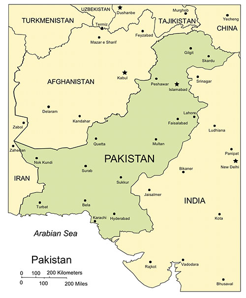 Pakistan, Country Map, Capitals, Names. Edit with PowerPoint or Adobe Illustrator, plus JPG format