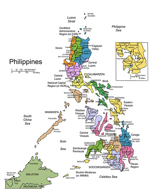 Philippines, Country Map with Administrative Districts, Capitals, Names. Edit with PowerPoint or Adobe Illustrator, plus JPG format