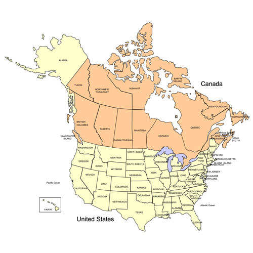 USA and Canada, with states, provinces, and territories. Printable, royalty-free, jpg format. Right-click to Download.
